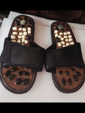 Black Slide Reflexology Massage Sandals with Brown Footbed and Crystal Accents